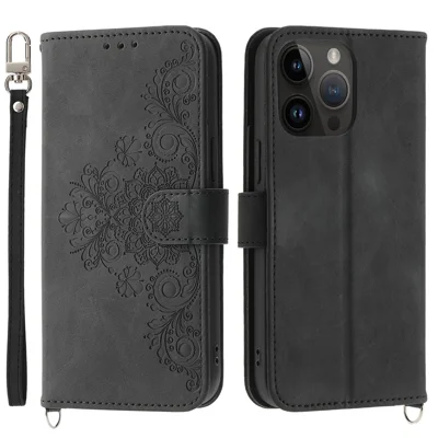 Skin-touch Eingeprägte Blumen Muster Lederhülle Für Iphone 14 Pro Max, Stand Wallet Multiple Card Slots Telefonabdeckung Mit Handgelenksgurt Und Schultergurt - Schwarz