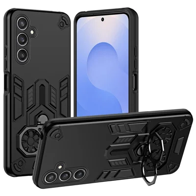 For Samsung Galaxy S25 Case Ring Holder Kickstand PC + TPU Shockproof Phone Cover - Black