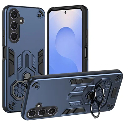 For Samsung Galaxy S25+ Case Ring Holder Kickstand PC + TPU Shockproof Phone Cover - Navy Blue