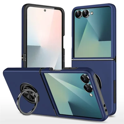 For Samsung Galaxy Z Flip7 5G Case PC + TPU Phone Cover with Rotatable Ring Holder - Blue
