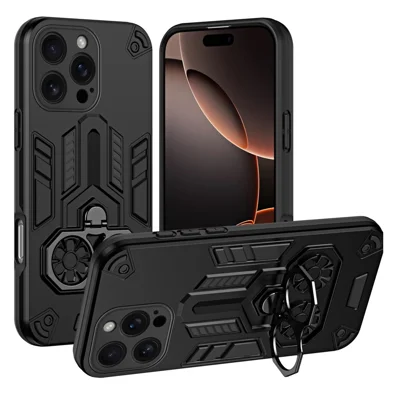 Voor iPhone 16 Pro hoesje met ringhouder en standaard PC + TPU schokbestendige telefoonhoes - Zwart
