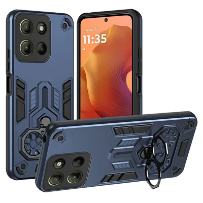 Voor Motorola Moto G15 4G hoesje met ringhouder en standaard PC + TPU schokbestendige telefoonhoes - Marineblauw