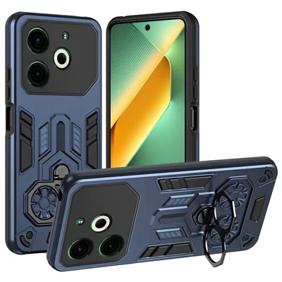 For TECNO Pova 6 Neo Case Ring Holder Kickstand PC + TPU Shockproof Phone Cover - Navy Blue