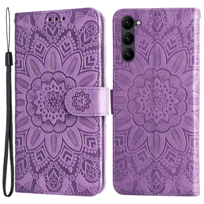 Folia antyrysikowa z syntetycznej skóry PU z motywem słonecznika do Samsung Galaxy S23, etui z funkcją podpórki, magnetyczna zatrzask, z paskiem na rękę - fioletowe