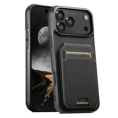 SUTENI H02 For iPhone 18 Pro Max / 17 Pro Max Case Card Slots Kickstand Litchi Texture Leather + TPU Cover - Black