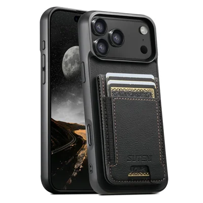 SUTENI H03 For iPhone 18 Pro Max / 17 Pro Max Case Card Holder Kickstand Litchi Texture Leather + TPU Phone Cover - Black