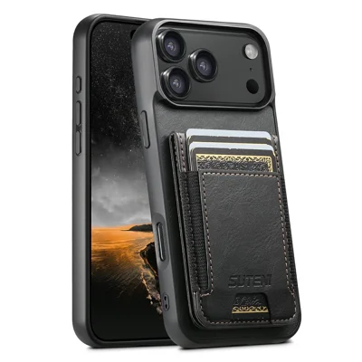 SUTENI H03 For iPhone 18 Pro / 17 Pro Case Card Holder Waxy Texture Leather + TPU Phone Cover - Black