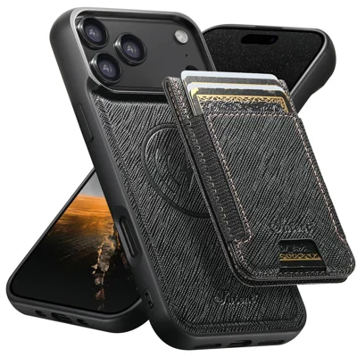 SUTENI H17 For iPhone 18 Pro Max / 17 Pro Max Magnetic Case Cross Texture Leather Phone Back Cover with Detachable Card Bag - Black