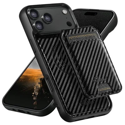 SUTENI H18 pour iPhone 17 Pro Max Étui Magnétique Texture Fibre de Carbone Cuir + Housse TPU avec Pochette à Carte Amovible