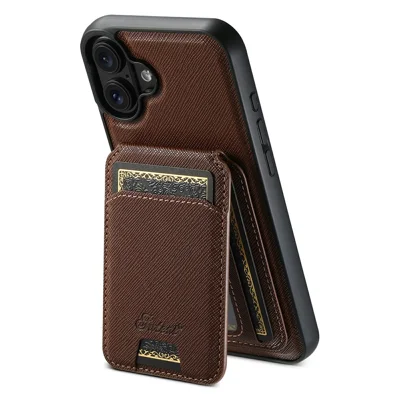 SUTENI H18 For iPhone 17 Magnetic Case Cross Texture Leather + TPU Cover with Detachable Card Bag - Brown