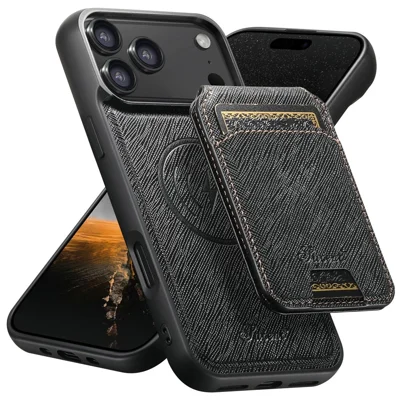 SUTENI H18 For iPhone 18 Pro Max / 17 Pro Max Magnetic Case Cross Texture Leather + TPU Cover with Detachable Card Bag - Black
