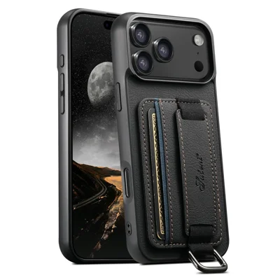 SUTENI H13 For iPhone 17 Pro Case Litchi Texture Leather + TPU + PC Phone Cover with Card Holder Kickstand - Black