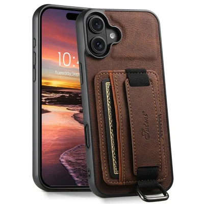 SUTENI H13 For iPhone 17 Case قشرة جلد بنسيج التوت + TPU + PC مع حامل بطاقات وحامل - بني