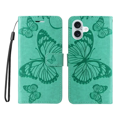 For iPhone 16 Plus Wallet Case Floral Butterfly Imprinted Leather Phone Cover Stand -  Green