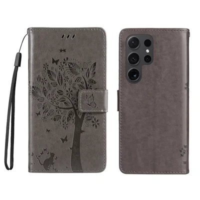 For Samsung Galaxy S24 Ultra Phone Case with Stand Cat Tree Pattern Leather Wallet Mobile Cover - Grey