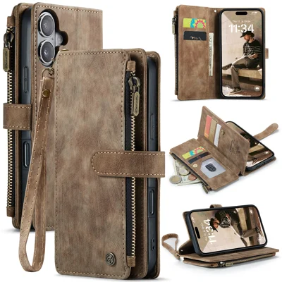 CASEME For iPhone 17 Wallet Case  C30 Leather Phone Cover with 10 Card Holder Zipper Pocket - Brown