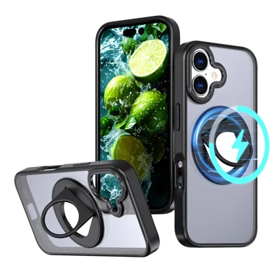 For iPhone 17 Clear Back Case med roterende støtte TPU + PC telefonbeskyttelse kompatibel med MagSafe - Sort