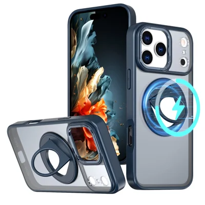 For iPhone 17 Pro Clear Back Case Rotating Kickstand TPU + PC Phone Cover Compatible with MagSafe - Dark Blue
