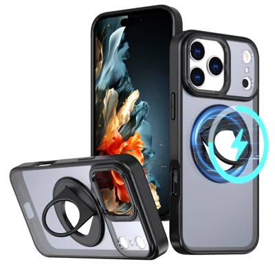 For iPhone 17 Pro Max Clear Back Case Rotating Kickstand TPU + PC Phone Cover Compatible with MagSafe - Black