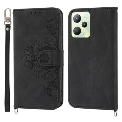 For Realme C35 4G Phone Case Imprinted Flowers PU Leather Stand Case Skin-touch Multiple Card Slots Phone Cover with Wrist Strap / Shoulder Strap - Black