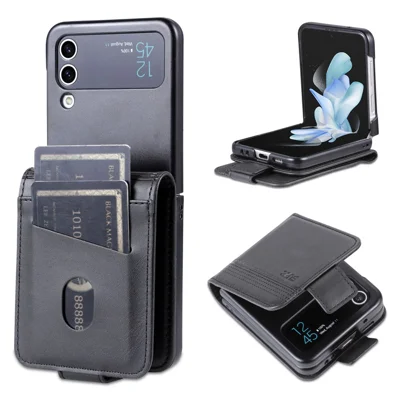AZNS For Samsung Galaxy Z Flip4 5G Phone Case Magnetic Closure Shockproof Case Cowhide Texture PU Leather Folio Flip Cover with Card Slot - Black