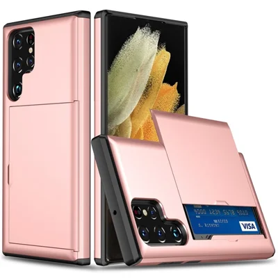 AMORUS For Samsung Galaxy S22 Ultra 5G Case with Sliding Card Holder PC TPU Phone Back Cover - Rose Gold