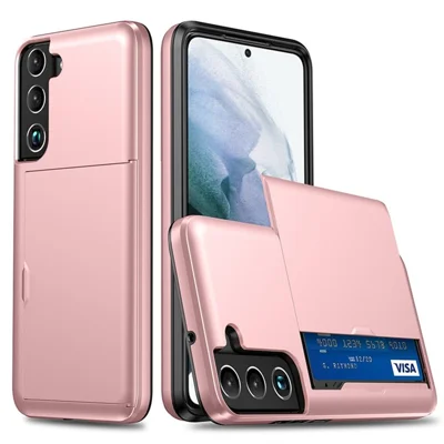 AMORUS For Samsung Galaxy S21 FE 5G Case with Sliding Card Holder PC TPU Phone Back Cover - Rose Gold