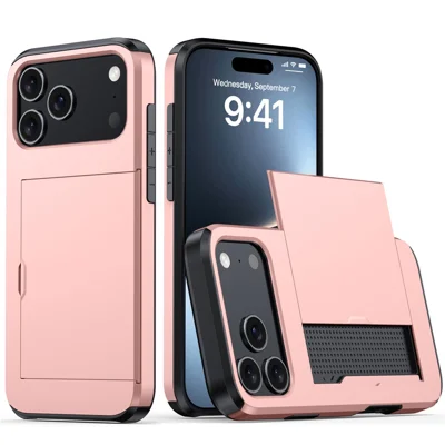 AMORUS For iPhone 18 Pro / 17 Pro Case with Sliding Card Holder PC TPU Phone Back Cover - Rose Gold