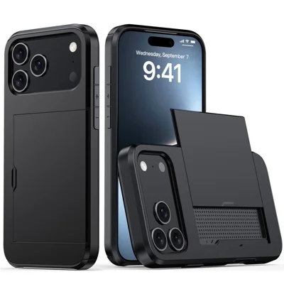 AMORUS For iPhone 18 Pro / 17 Pro Case with Sliding Card Holder PC TPU Phone Back Cover - Black