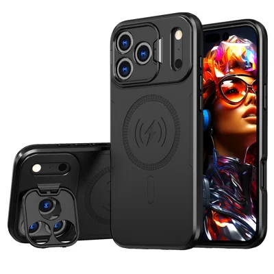 Bulk Purchasing For iPhone 17 Pro Max Magnetic Case with Lens Guard Kickstand PC + TPU Phone Back Cover - Black