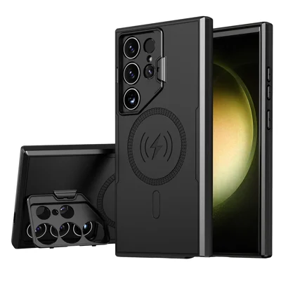 Bulk Purchasing For Samsung Galaxy S25 Ultra Magnetic Case with Lens Guard Kickstand PC + TPU Phone Back Cover - Black