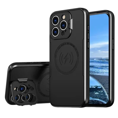 Bulk Purchasing For iPhone 15 Pro Max Magnetic Case with Lens Guard Kickstand PC + TPU Phone Back Cover - Black