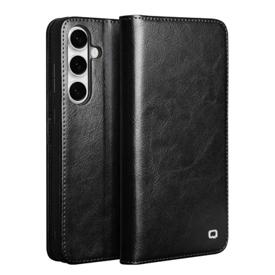 QIALINO For Samsung Galaxy S25 FE Case Wallet Stand Genuine Cow Leather Phone Cover - Black