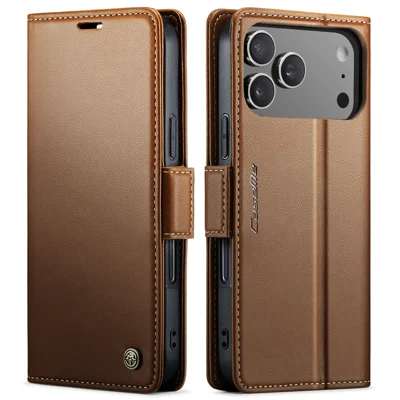 Etui na iPhone 17 Pro CASEME Seria 023 z funkcją blokowania RFID, skórzane etui-wallet z podstawką - brązowe