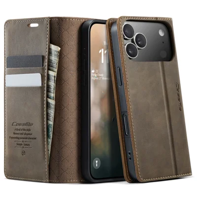 Etui na iPhone 17 Pro CASEME Seria 033 z funkcją blokowania RFID, etui-wallet z uchwytem, wykończenie pod skórę cielęcą, kolor kawa