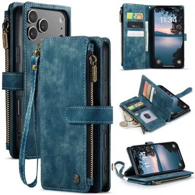 CASEME For iPhone 18 Pro Max / 17 Pro Max Phone Cases with Strap  C30 Zipper Multiple Card Holder PU Leather Cover - Blue