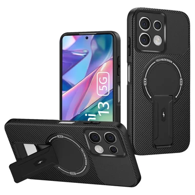 For Xiaomi Redmi Note 13 5G Case with Kickstand Carbon Fiber Texture PC + TPU Phone Cover - Black