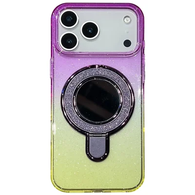 For iPhone 17 Pro Max Case Glitter PC + TPU Clear Mirror Kickstand Phone Cover with Compatible with MagSafe - Paars / Geel