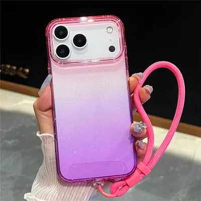 For iPhone 18 Pro Max / 17 Pro Max Case Glitter Dual Color PC + TPU Clear Phone Cover with Hand Strap - Pink / Purple