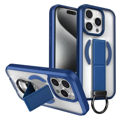 For iPhone 15 Pro Magnetic Case with Folding Kickstand / Ring Holder TPU + PC Phone Back Cover - Blue