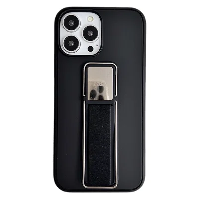 For iPhone 16 Pro Case TPU + PC Phone Cover with Kickstand / Elastic Finger Strap - Black