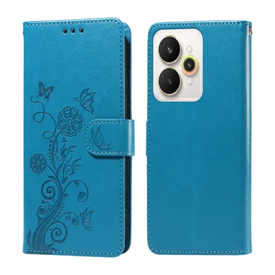 For Realme 15 Pro 5G / Realme 15 5G Leather Case Butterfly Floral Imprint Wallet Stand Cover - Blue 