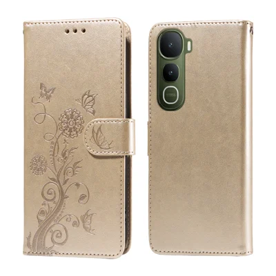 For vivo Y400 5G Leather Case Butterfly Floral Imprint Wallet Stand Cover - Golden