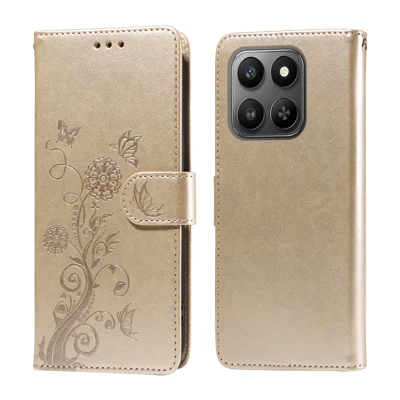 Voor Honor 400 Smart 5G / 4G / X7d 4G Leren Hoesje met Vlinder- en Bloemenprint Portemonnee- en Standhoes - Goud
