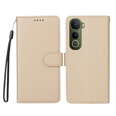 For vivo Y400 5G Case RFID Blocking 3 Card Slots PU Leather Phone Cover with Wrist Strap - Creamy White