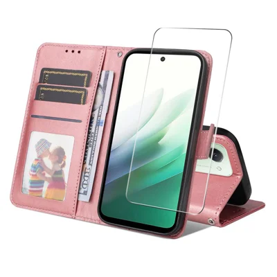 ENKAY HAT PRINCE For Xiaomi Redmi 15 4G (EU) (171mm) PU Leather Wallet Case   Phone Stand Cover with Tempered Glass - Pink