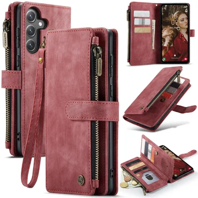 CASEME For Samsung Galaxy S25 FE Phone Cases with Strap  C30 Zipper Multiple Card Holder PU Leather Cover - Red