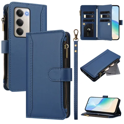 For Xiaomi Redmi 15 5G (Global) (169mm) Leather Case 9 Card Slots Zipper Wallet Stand Phone Cover with Wrist Strap - Dark Blue