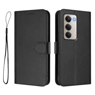For Xiaomi Redmi 15 5G (Global) (169mm) Wallet Case RFID Blocking Calf Texture Leather Stand Phone Cover with Strap - Black