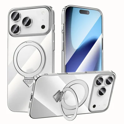SULADA For iPhone 17 Pro Case Compatible with MagSafe Electroplated Foldable Kickstand Clear PC Phone Cover - Titanium